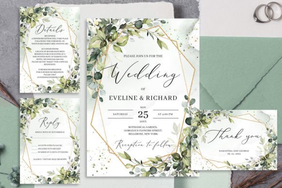 Download Greenery and Gold Frame Wedding Invite - Premium Bundle